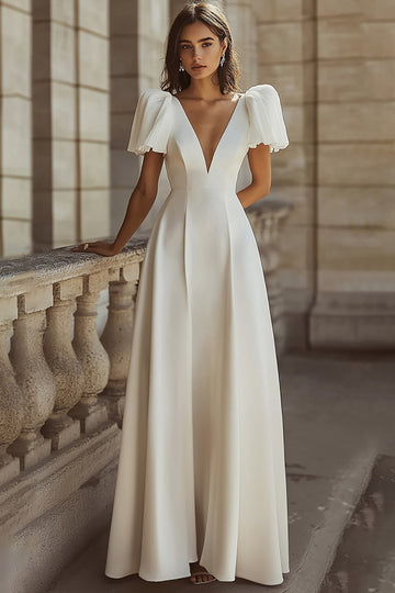 A Line V-Neck Ivory Long Engagement Dress